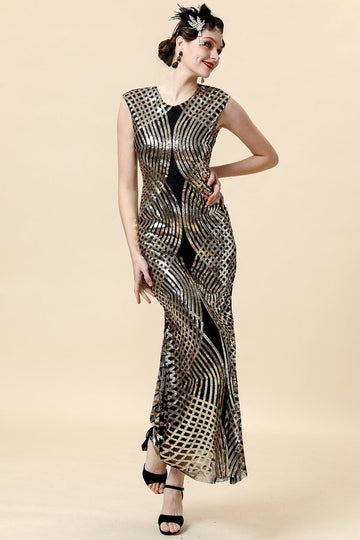 Dourado 1920s Vestido Com Conjunto de Acessórios 20s